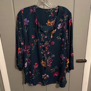 Alfani Women's Floral Blouse - Teal and Multicolored with neck tie strings